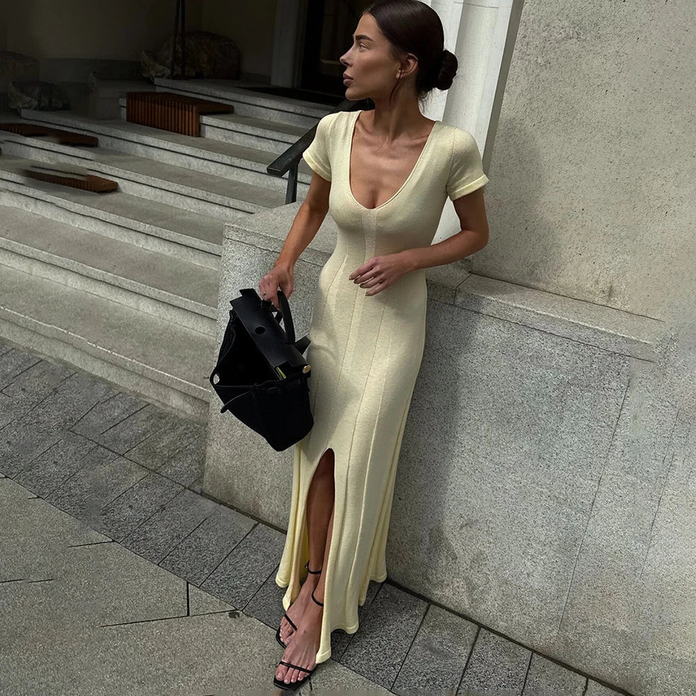 Glorol - Elegant V-Neck Split Patchwork Maxi Dress