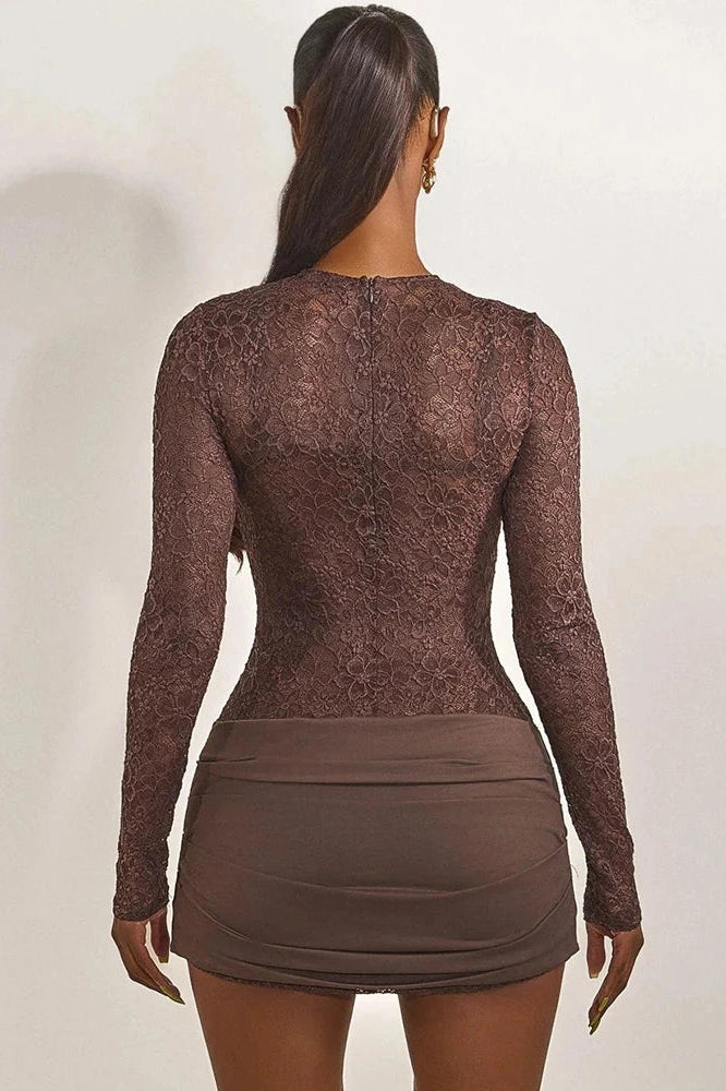 Glorol - Lace See Through O Neck High Waist Long Sleeve Mini Dress