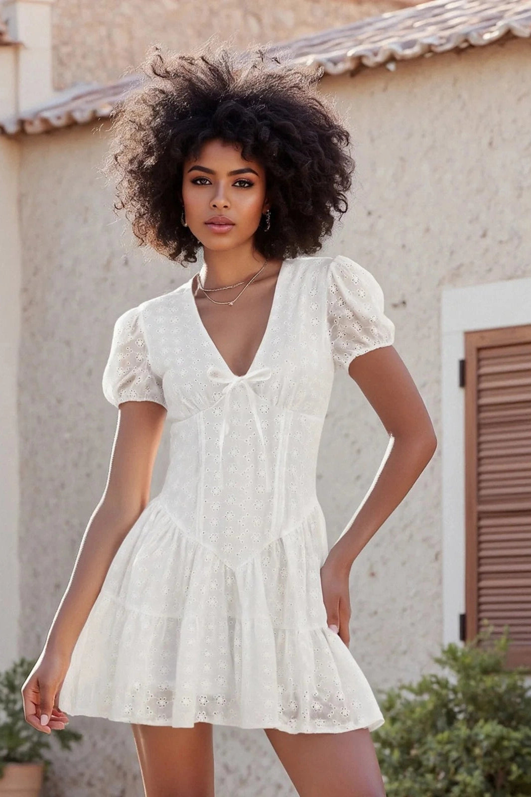 Glorol - Short Sleeve V Neck A-Line Mini Dress