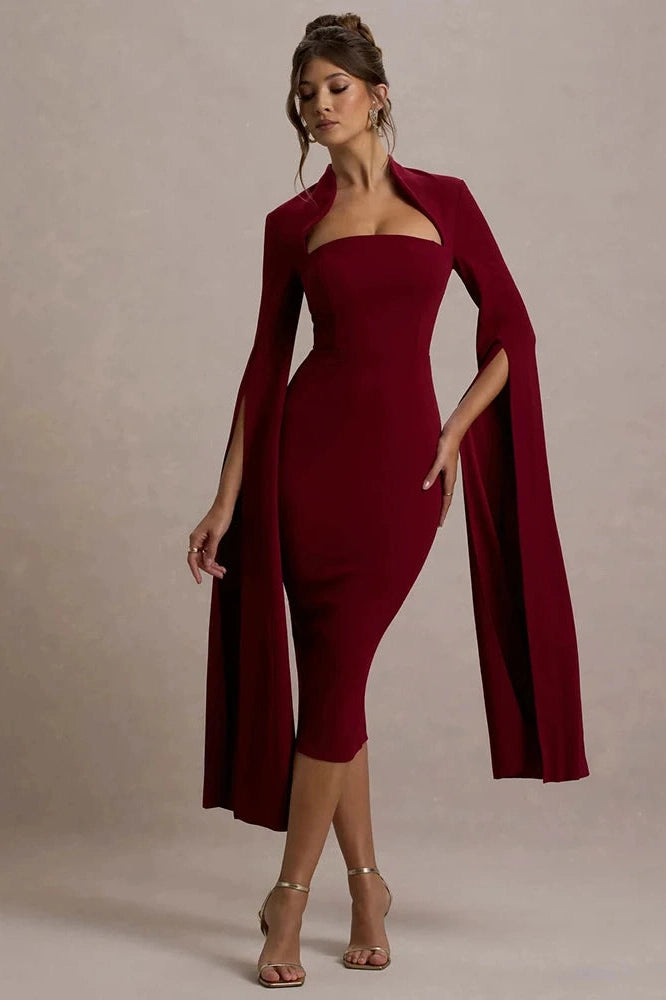 Glorol - Long Sleeve Square Collar Back Slit Bodycon Midi Dress