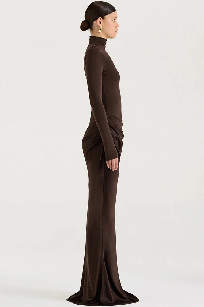 Glorol - Hollow Out Long Sleeve Turtleneck Bodycon Maxi Dress