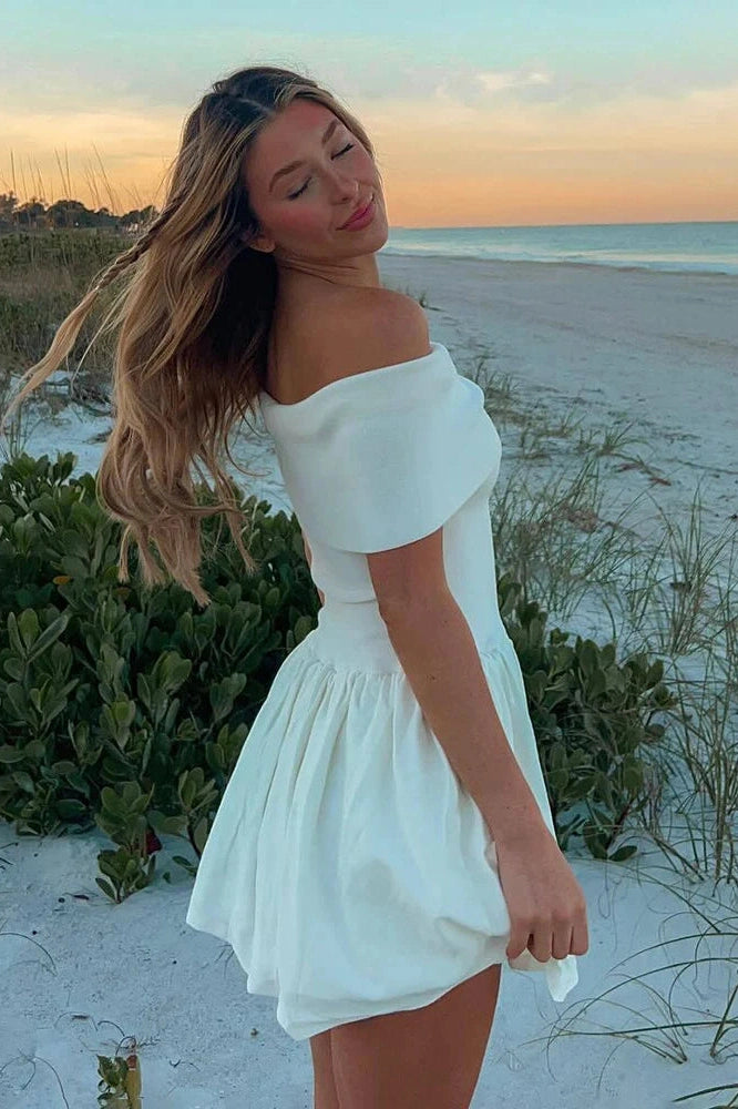 Glorol - Off Shoulder Patchwork Slash Neck Mini Dress