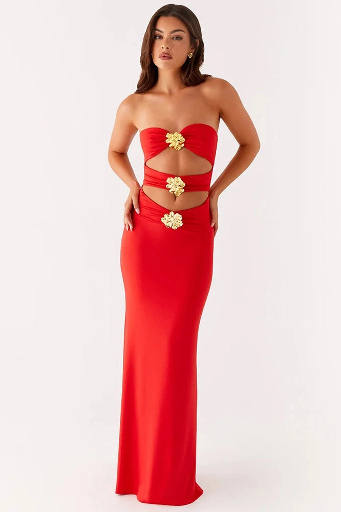 Glorol - Hollow Out Strapless Off-Shoulder Backless Bodycon Maxi Dress