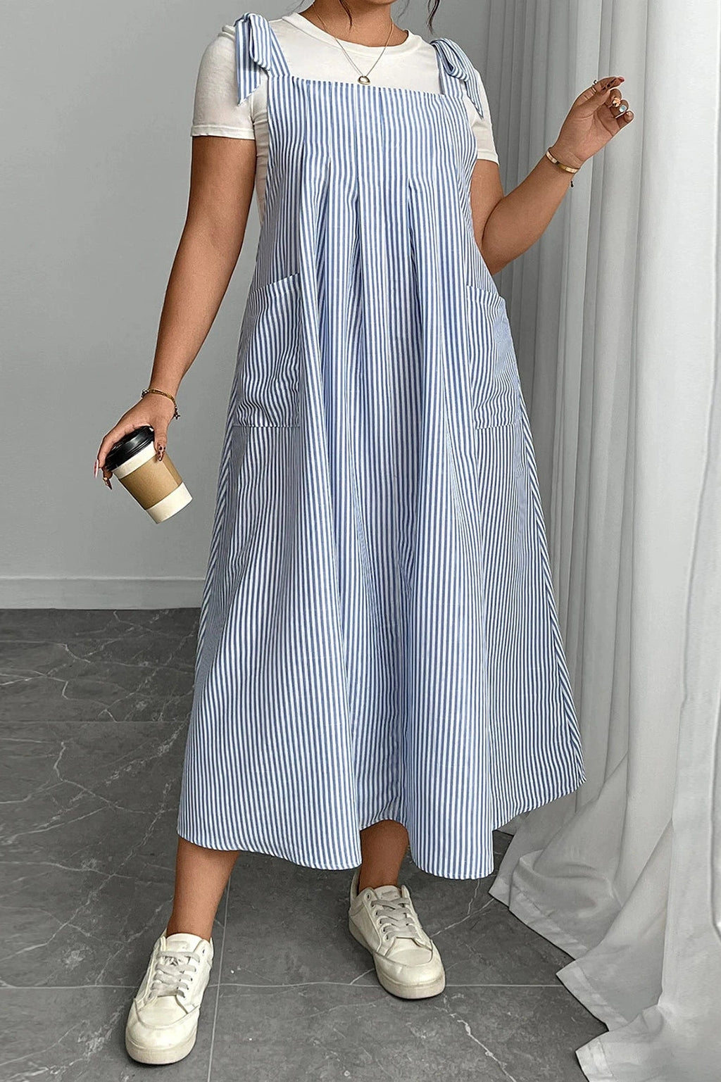 Glorol - Sleeveless Tie Shoulder Striped Loose Maxi Dress