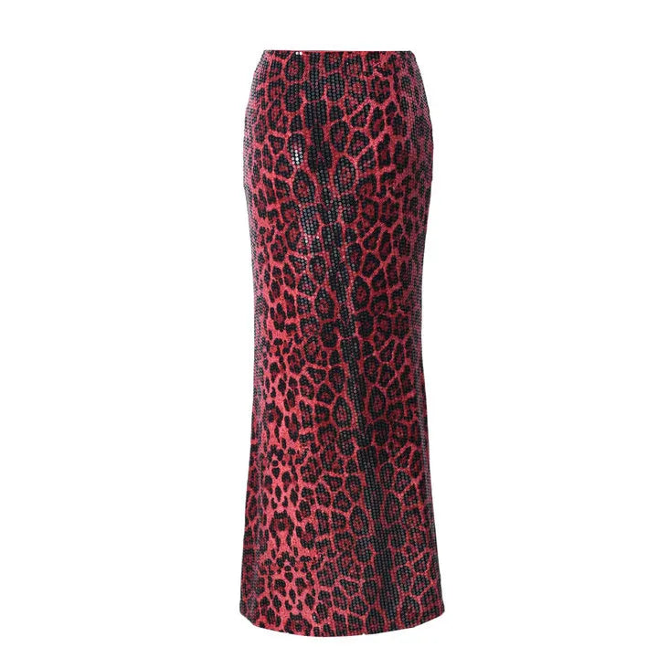 Glorol - Leopard Print Sequin Patchwork Skirt