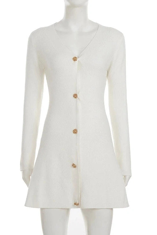 Glorol - Elegant V-Neck Knitted High Waist Long Sleeve A-Line Mini Dress
