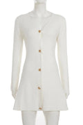 Glorol - Elegant V-Neck Knitted High Waist Long Sleeve A-Line Mini Dress