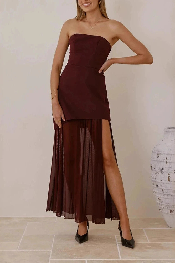 Glorol - Off Shoulder High Waist Slim Sleeveless Pleated Maxi Dress