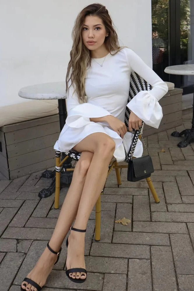 Glorol - Long Flare Sleeve Patchwork O-Neck A-line Mini Dress