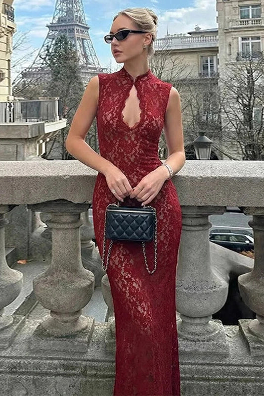 Glorol - Hollow Out Lace Sleeveless Slim Maxi Dress