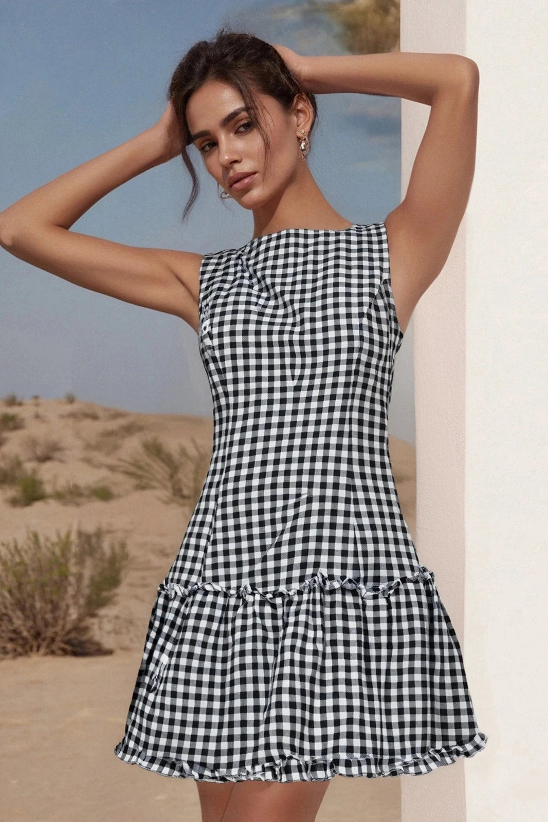 Glorol - Plaid Printed Round Neck Sleeveless Mini Dress