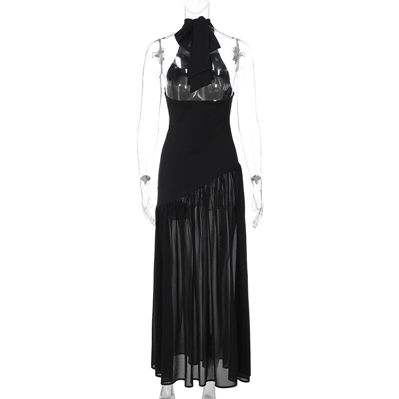 Glorol - Off Shoulder Patchwork Lace-Up Maxi Dress