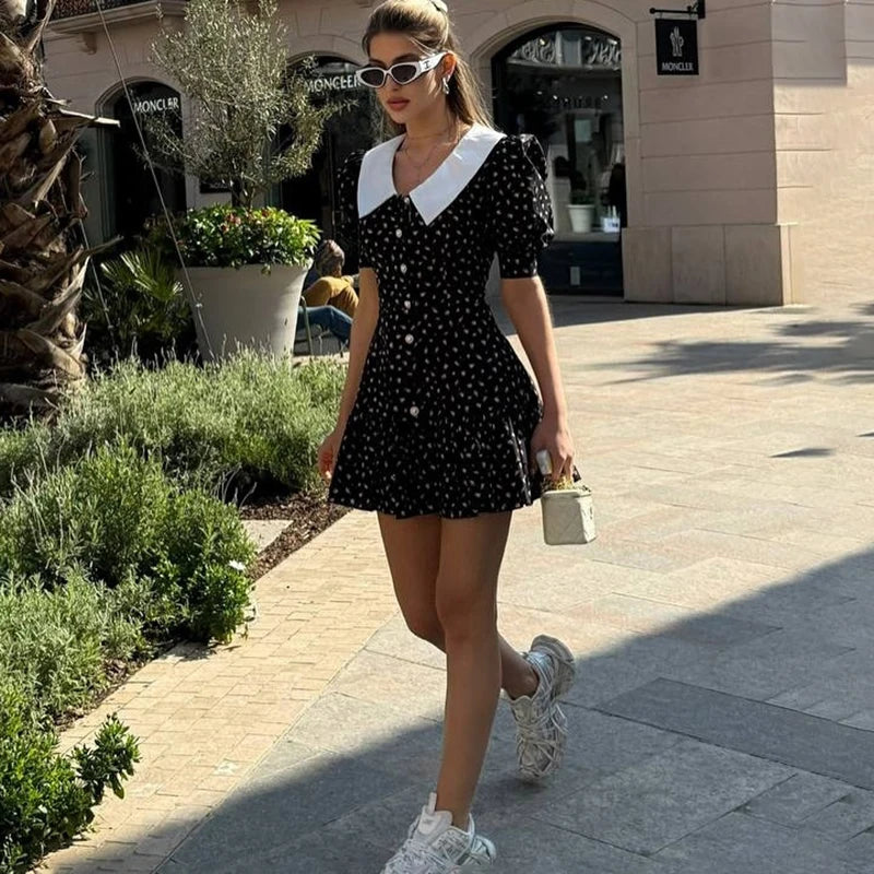 Glorol - Printed Short Sleeve V Neck High Waist Mini Dress
