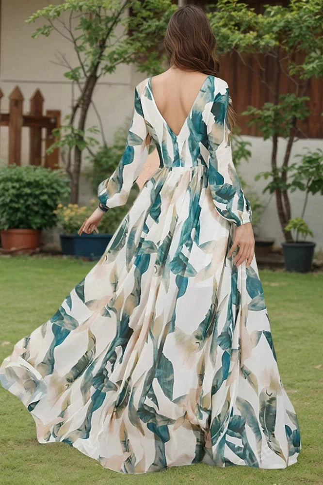 Glorol - Long Sleeve Printed Pleated V-Neck High Waist Maxi Dress