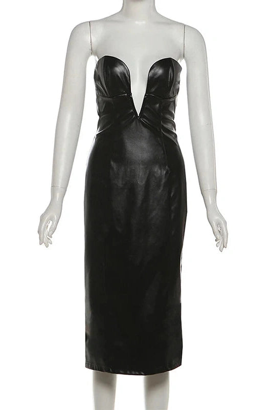 Glorol - Off Shoulder PU Leather Bodycon A-Line Backless Midi Dress