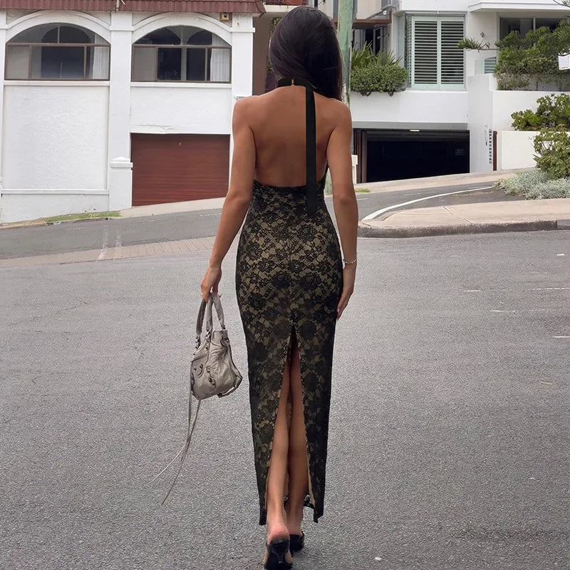 Glorol - Lace Backless High Waist Slim Maxi Dress