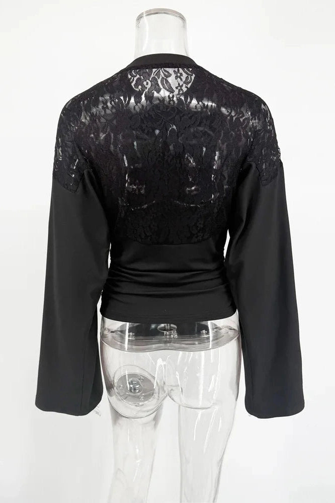Glorol - Printed Backless Loose Patchwork Long Sleeve Top