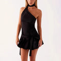 Glorol - Polka Dot Scarf Ribbon Backless Sleeveless Mini Dress