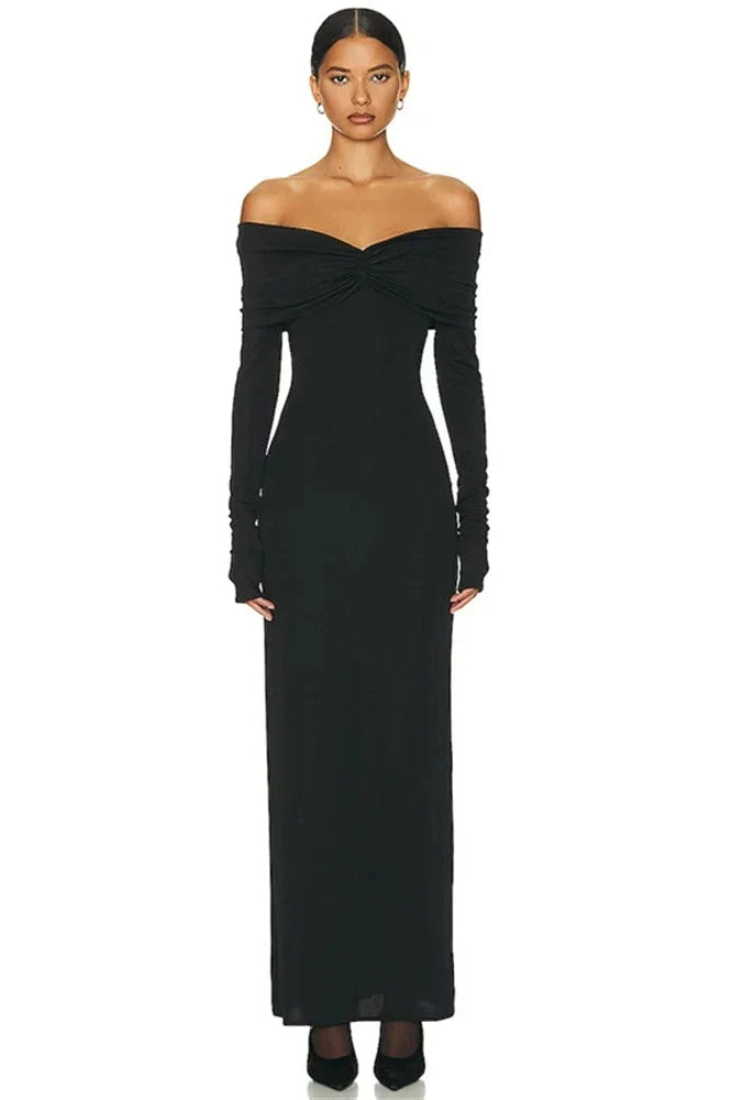 Glorol - Pleated Slim Patchwork Off-Shoulder High Waist Maxi Dress