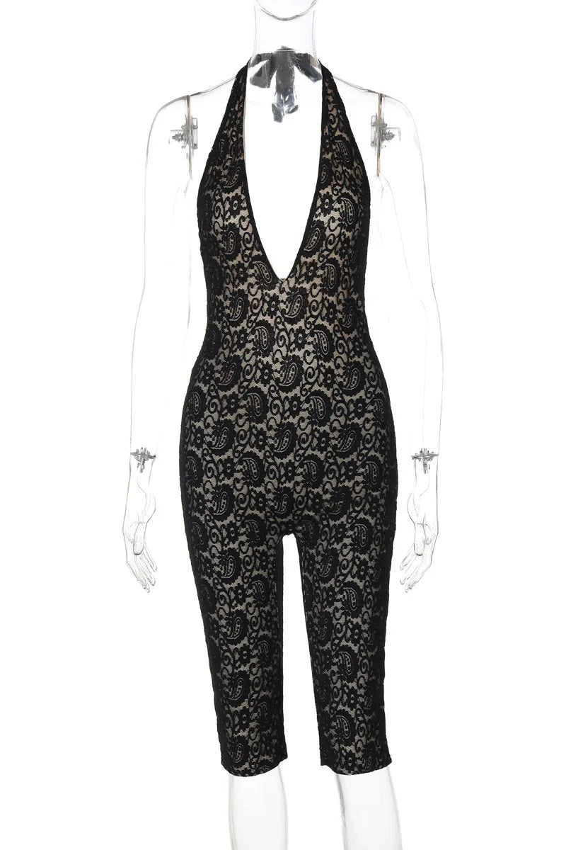 Glorol - Deep V Neck Lace Spliced Backless Jumpsuit
