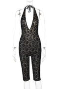 Glorol - Deep V Neck Lace Spliced Backless Jumpsuit