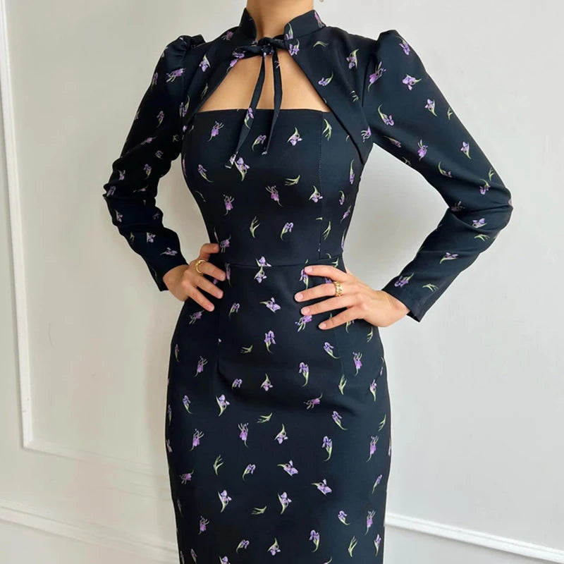 Glorol - Printed Long Sleeve Lace Up Slit Maxi Dress