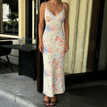 Glorol - Lace Printed V-Neck High Waist Patchwork Maxi Dress