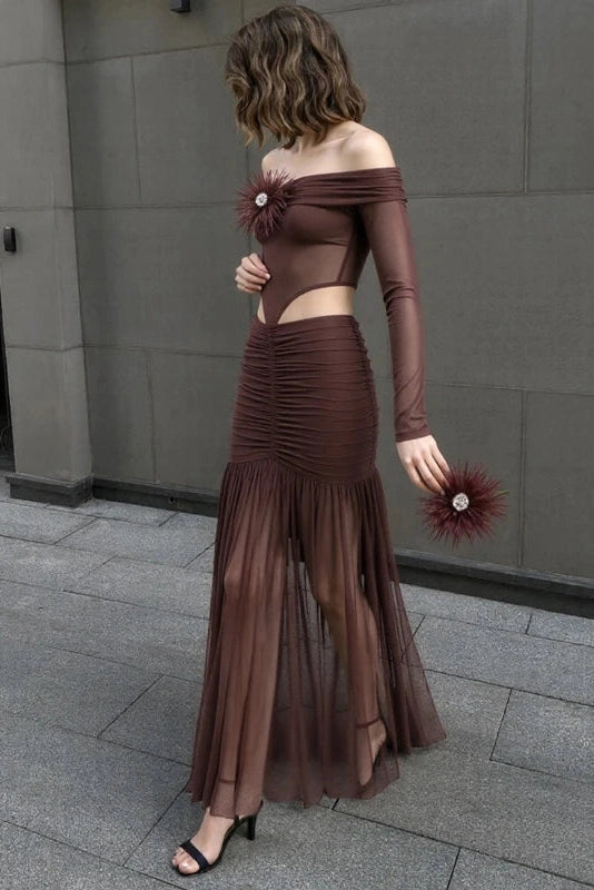 Glorol - Off Shoulder Long Sleeves Slim High Waist Maxi Dress