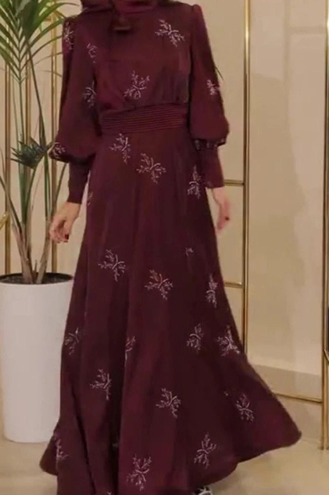Glorol - Elegant Printed Pleated High Waist Long Sleeve Slim Maxi Dress