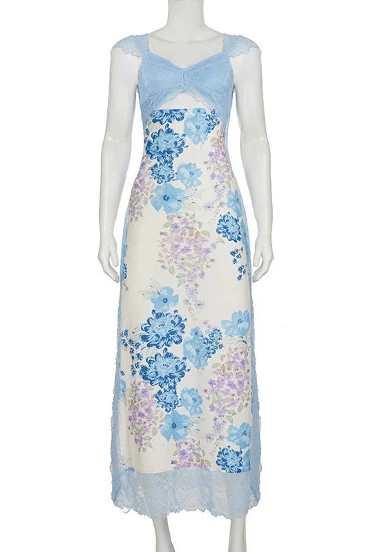 Glorol - Hollow Out Printed Lace Patchwork Slim Maxi Dress