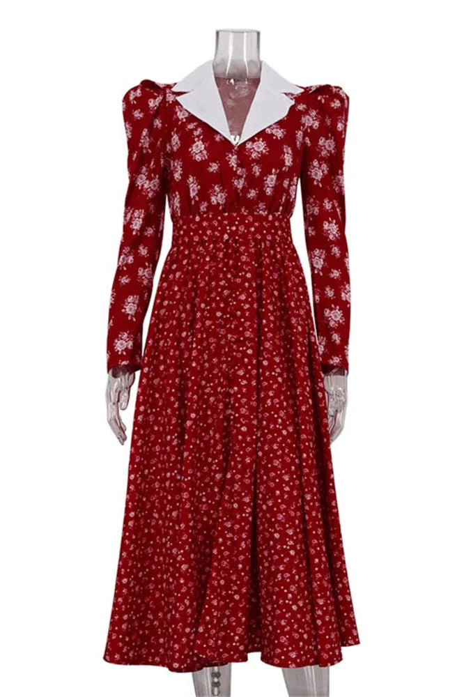 Glorol - Printed V-Neck Patchwork Long Sleeve High Waist Midi Dress