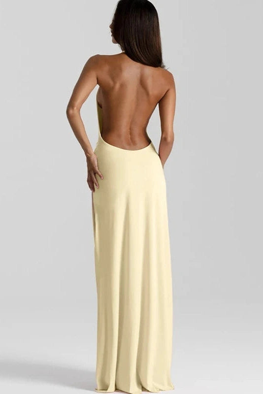 Glorol - Deep V Neck Backless Sleeveless High Waist Slit Irregular Maxi Dress