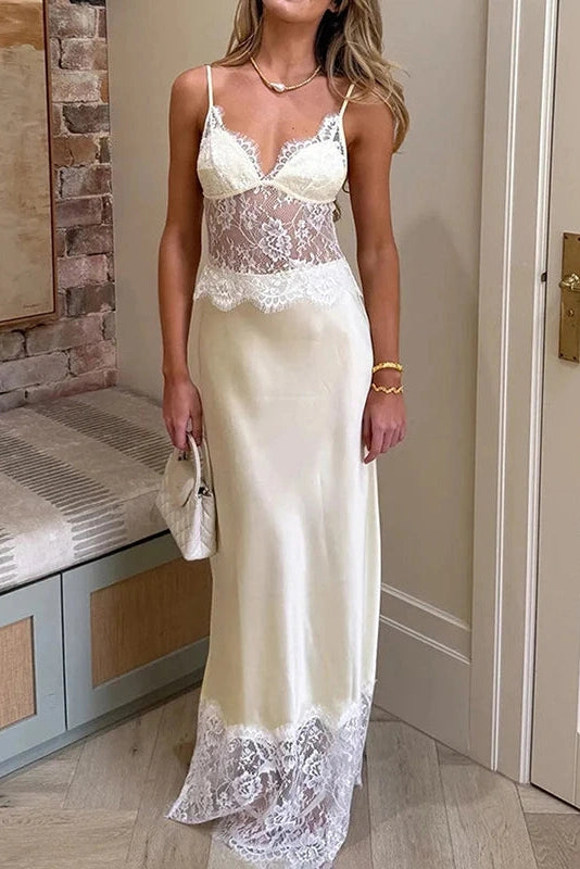 Glorol - See-Through Slim Sleeveless Backless Pleated Lace Maxi Dress