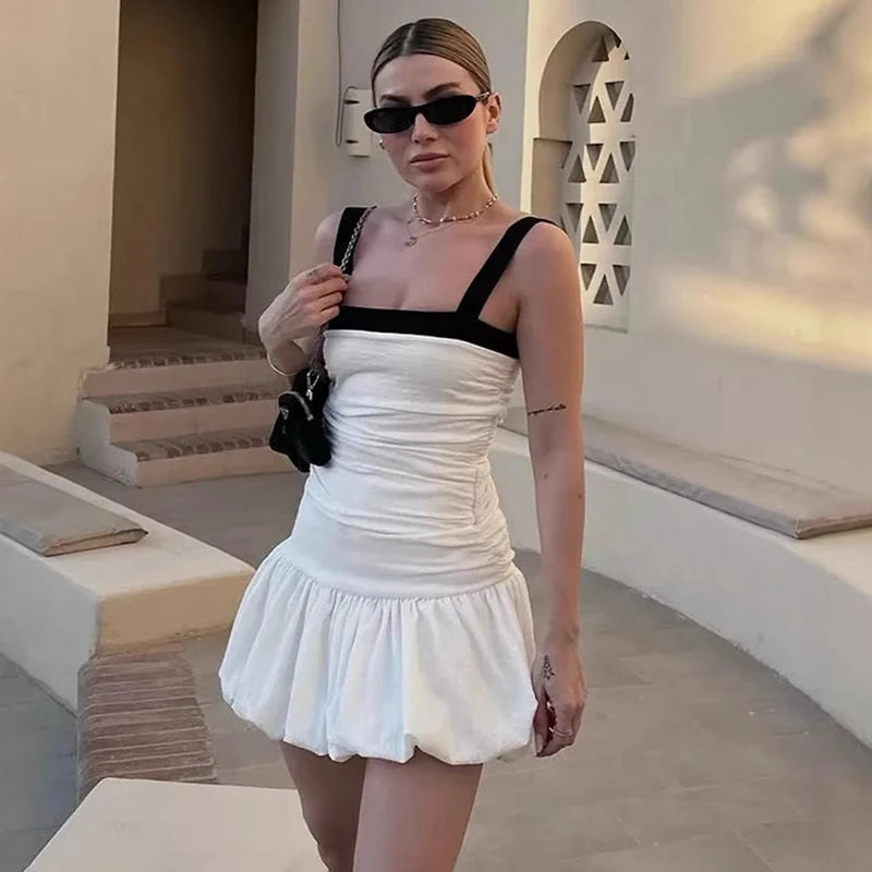 Glorol - Pleated Sleeveless High Waist Slim Mini Dress