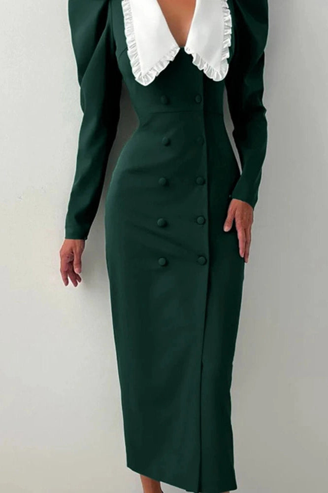 Glorol - Elegant Long Sleeve Double Breasted Midi Dress