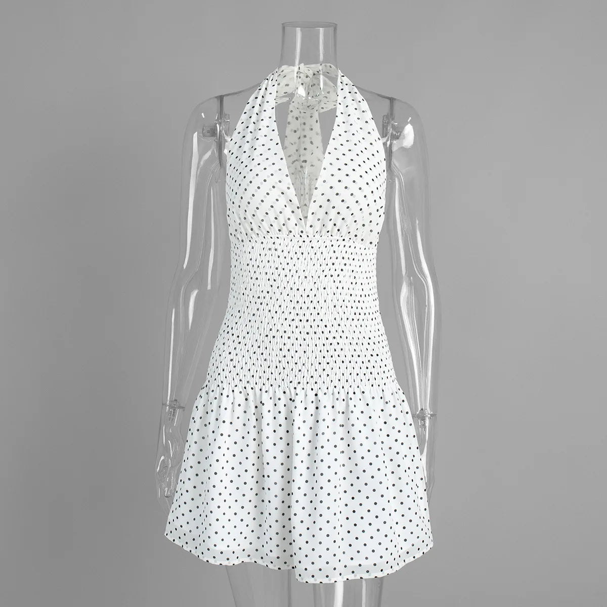 Glorol - Polka Dot Pleated Lace Sleeveless Mini Dress