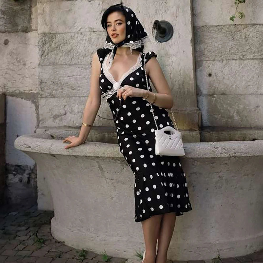 Glorol - Lace Patchwork Polka Dot V-Neck Backless Midi Dress