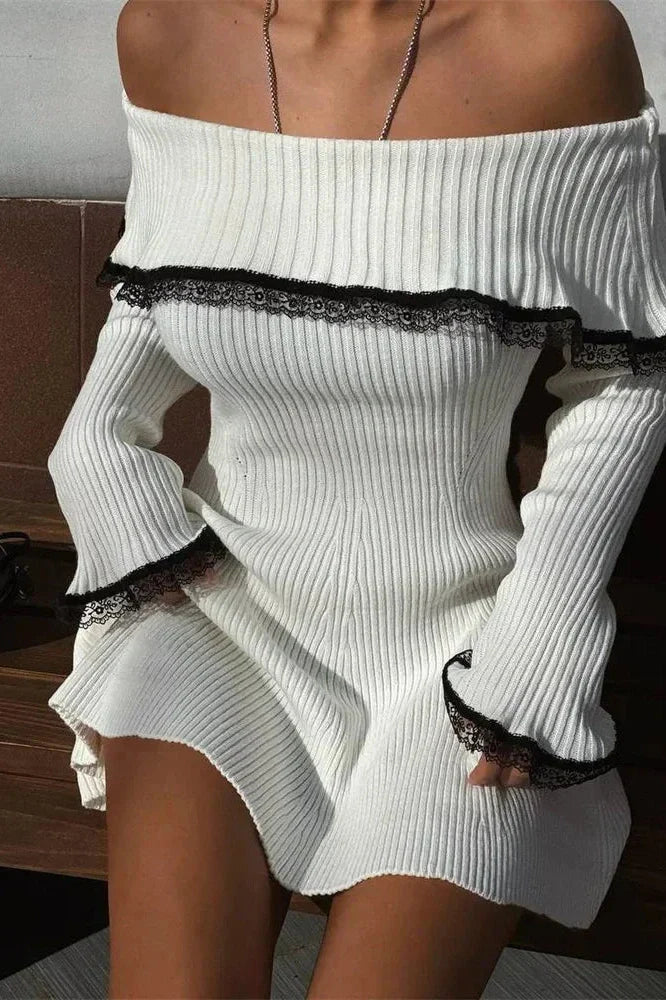 Off-Shoulder Lace Patchwork Slim Backless Mini Dress
