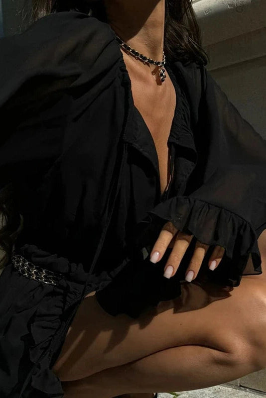 Glorol - See-Through Long Sleeve Square Collar High Waist Pleated A-Line Mini Dress