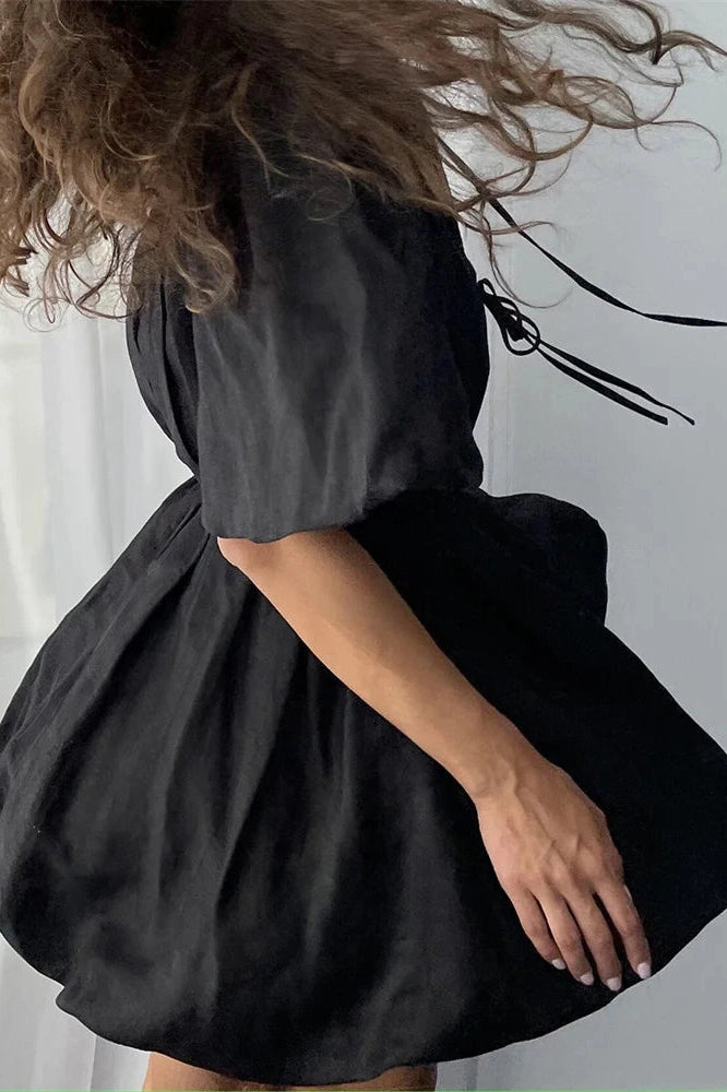 Glorol - Lace-Up Short Sleeve V-Neck High Waist Mini Dress