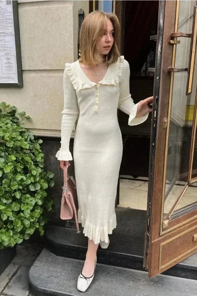 Glorol - Patchwork Knit Long Sleeve Slim Midi Dress