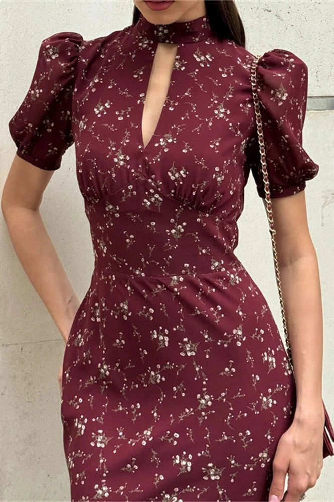 Glorol - Printed V-Neck Short Sleeve High Waist Maxi Dress