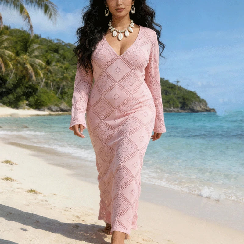 Glorol - Elegant V-Neck Hollow Out See Through Maxi Dress