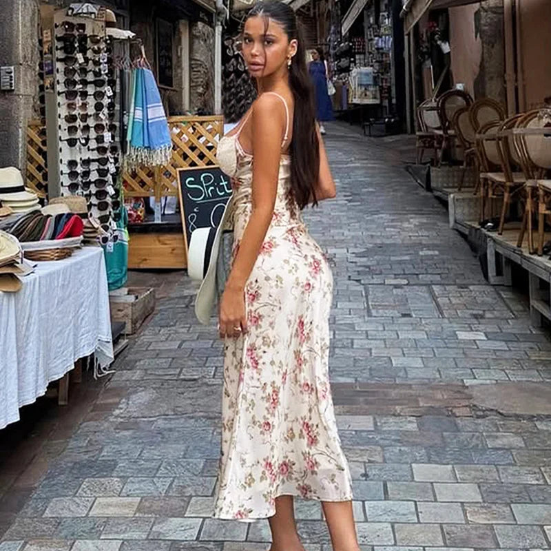 Glorol - Elegant Print Patchwork Backless Midi Dress