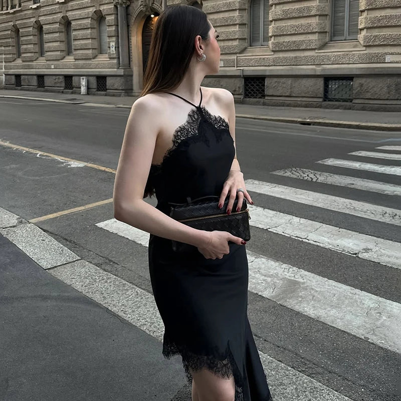Glorol - Lace Backless Spaghetti Strap Irregular Midi Dress