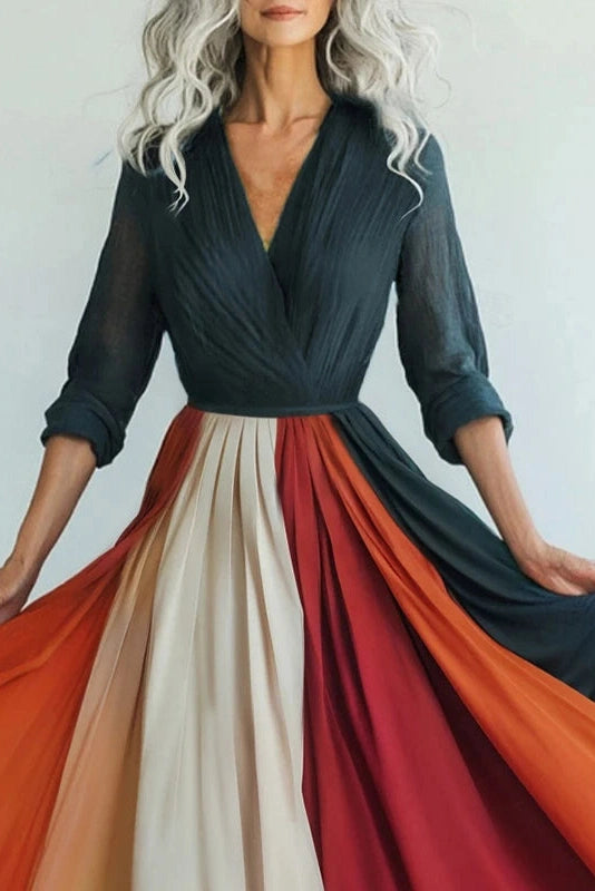 Glorol - Elegant Pleated V Neck Long Sleeve Printed Maxi Dress