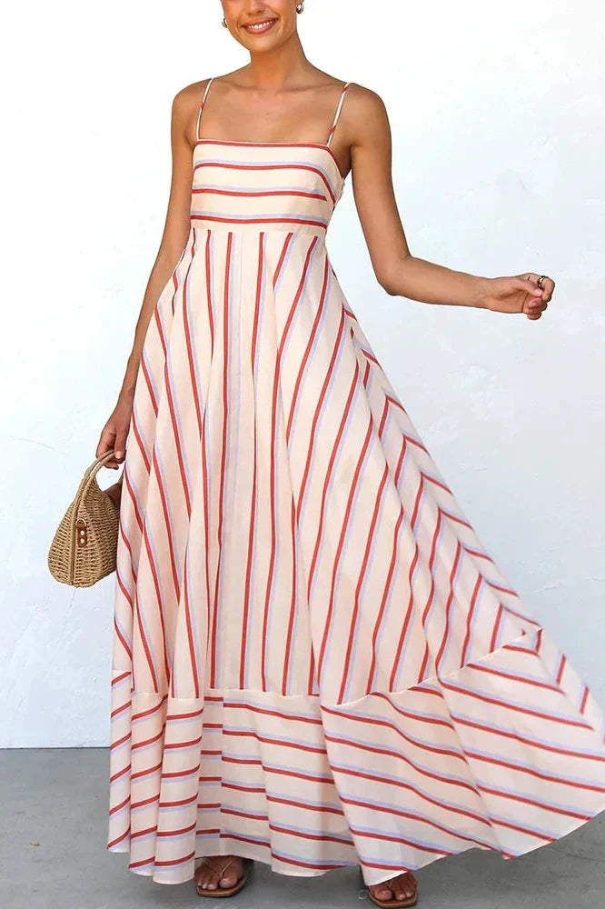 Stripe Printed Sleeveless Pleated High Waist Maxi Dress