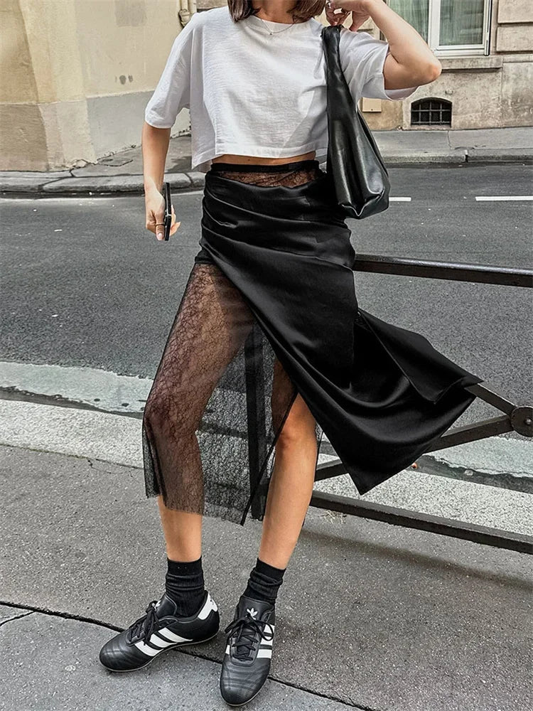 Glorol - High Waist PU Leather Patchwork Lace Skirt