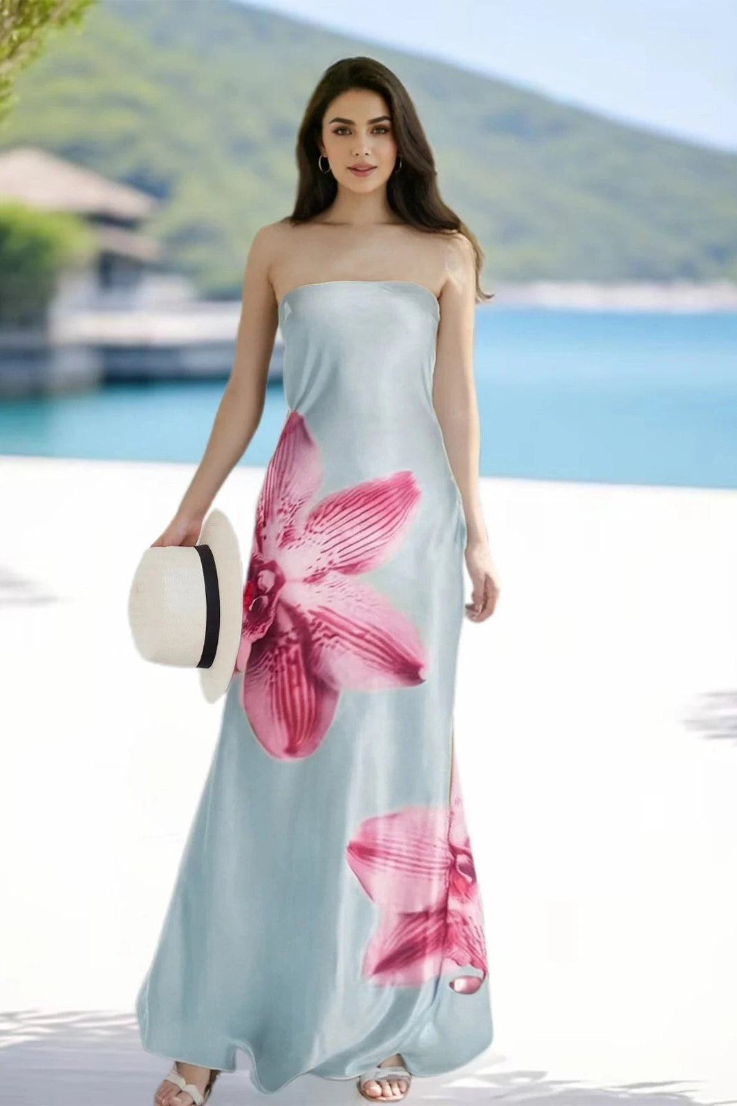 Glorol - Sleeveless Off-Shoulder Flower Print Maxi Dress