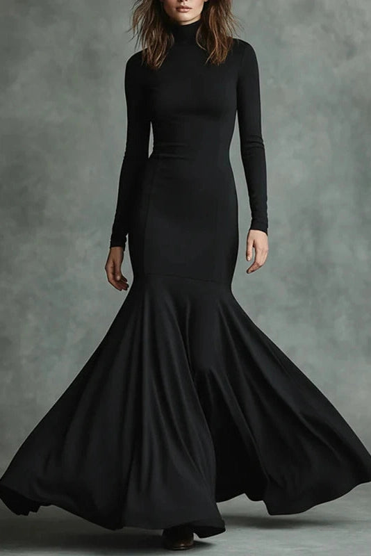Glorol - Elegant Slim High Waist Turtleneck Long Sleeve Maxi Dress